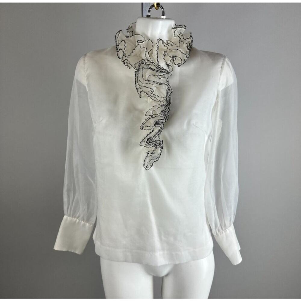 Vintage 80s Sunny South Ruffle Neckline White Semi Sheer Blouse Womens Size 10